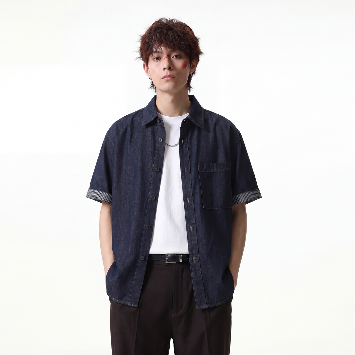 JIINOO棉麻原色牛仔短袖衬衫男款夏格子拼接男士宽松休闲半袖衬衣