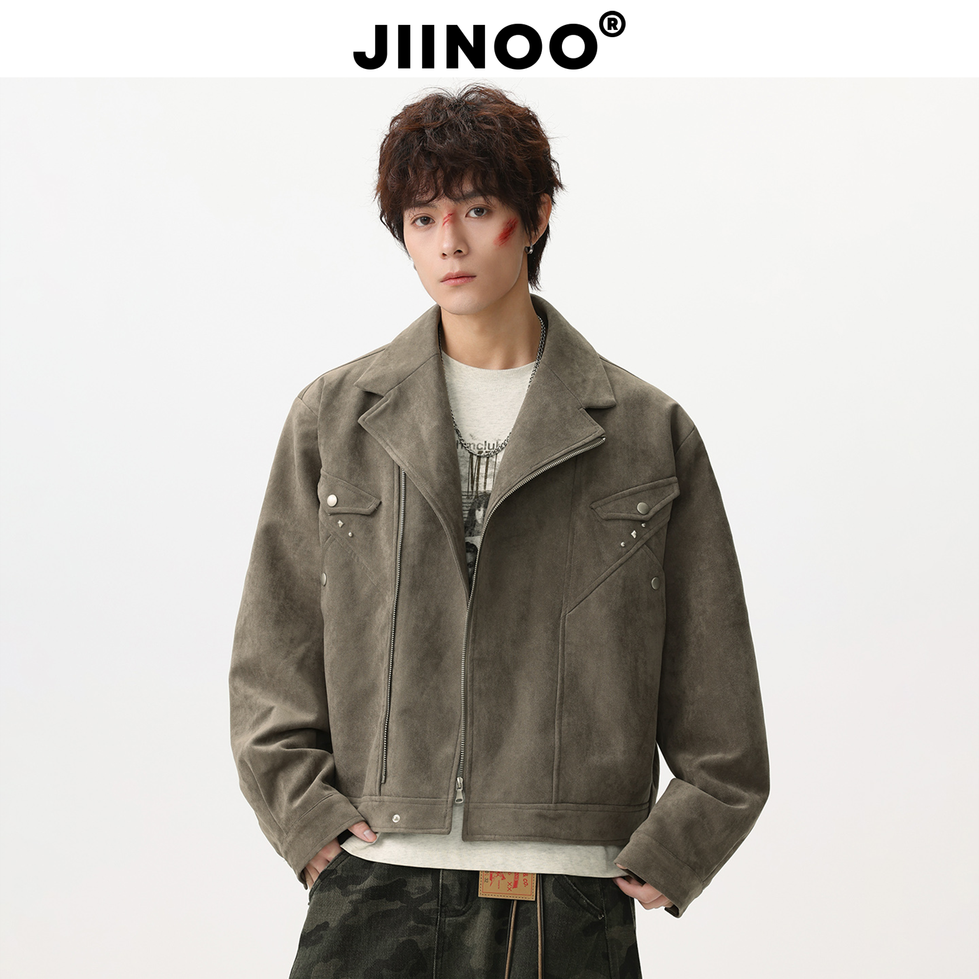 JIINOO麂皮西部铆钉短宽夹克