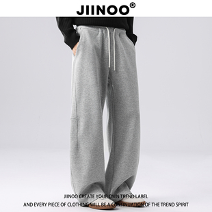 男女宽松垂感运动直筒阔腿长裤 JIINOO340G美式 重磅解构休闲卫裤