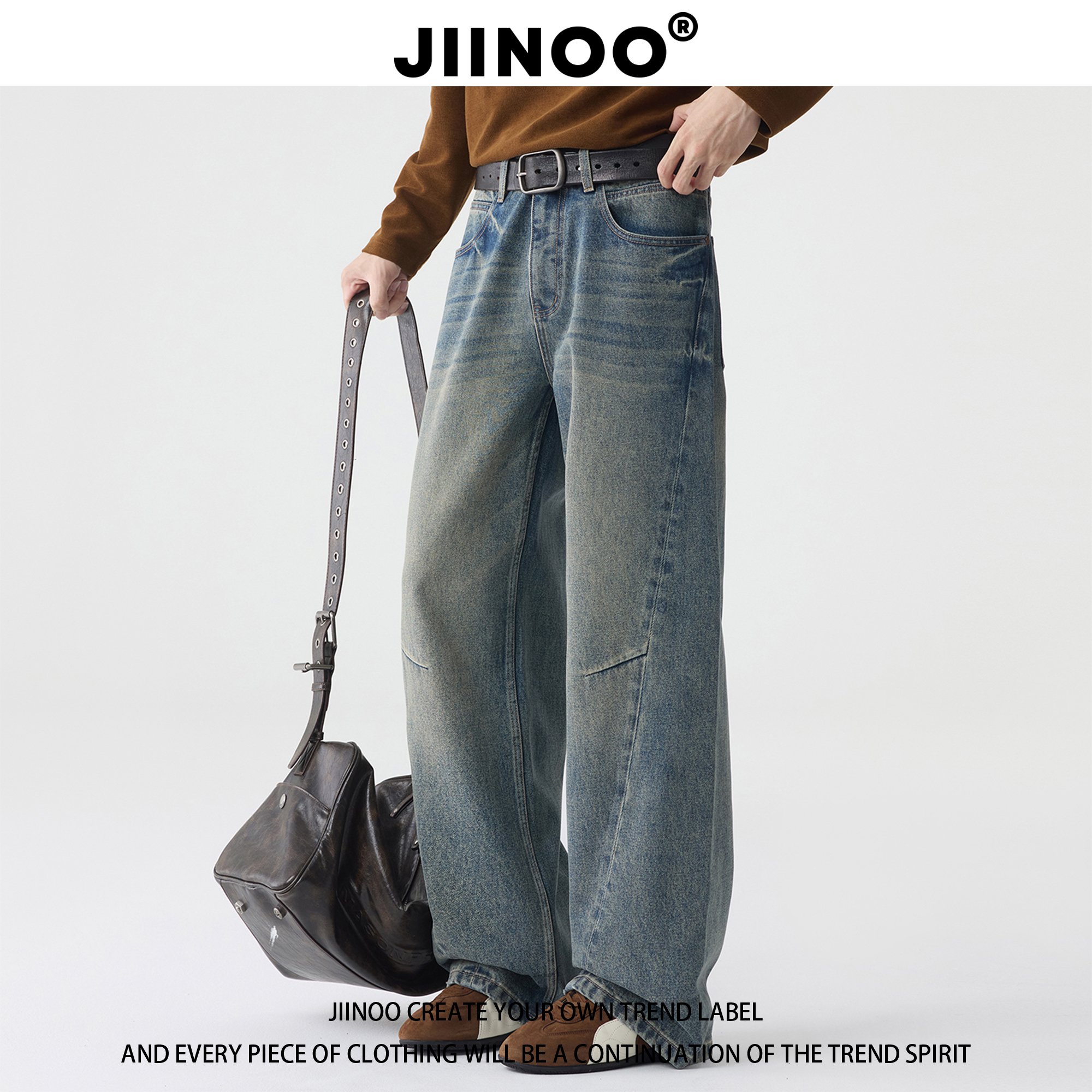 JIINOO宽松直筒A字牛仔裤