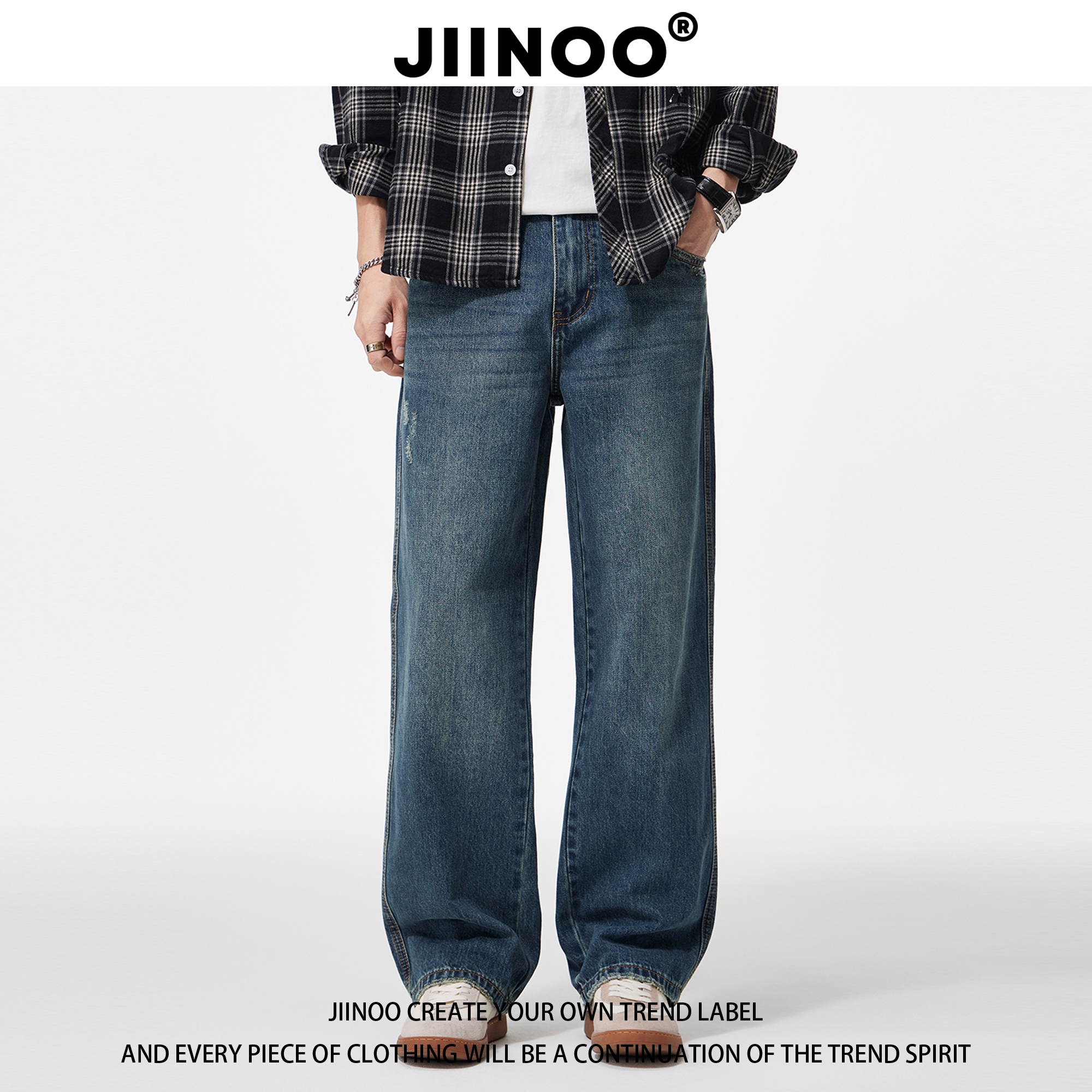 JIINOO美式cleanfit蓝色牛仔裤