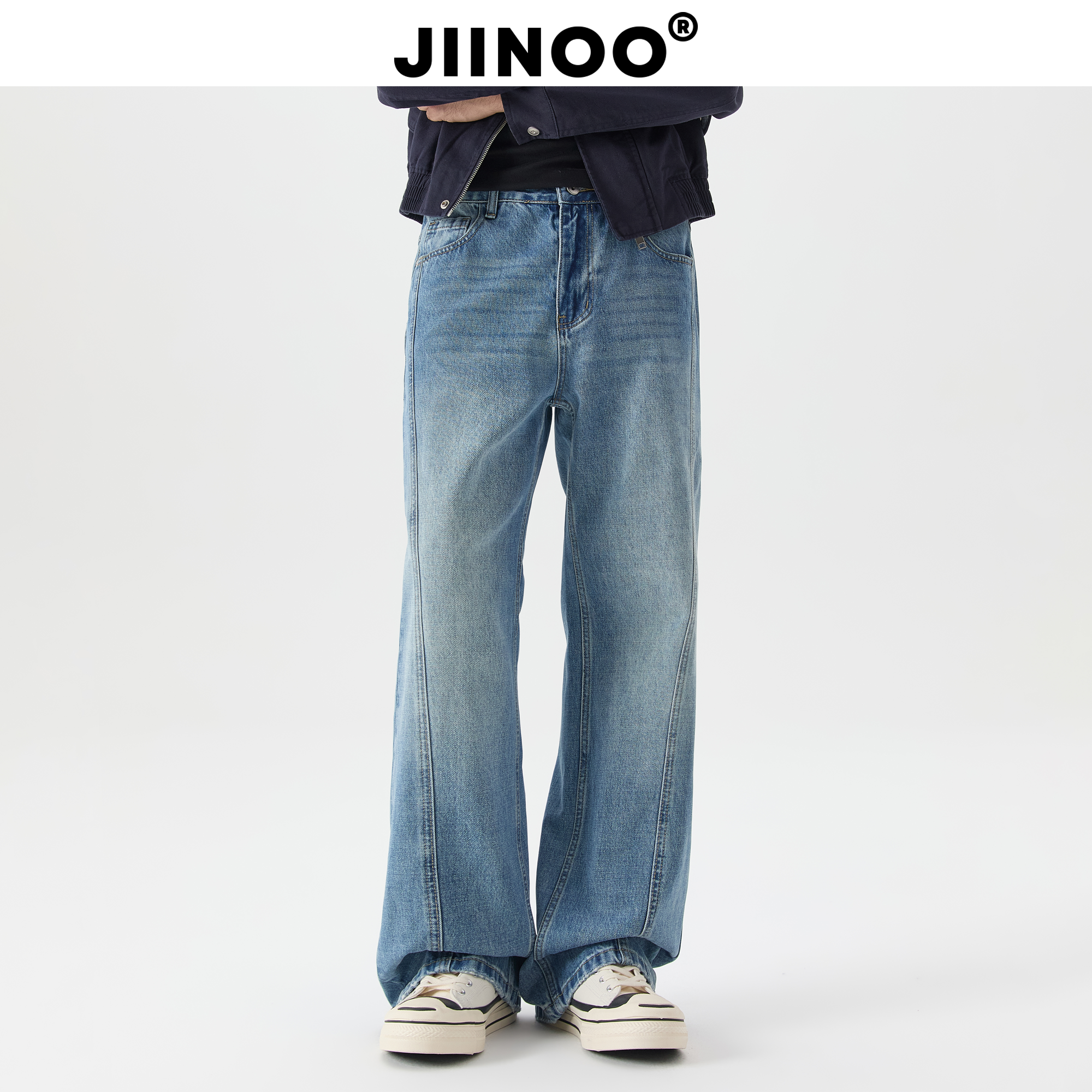 JINOO蓝色复古水洗微喇牛仔裤