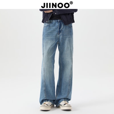 JINOO蓝色复古水洗微喇牛仔裤