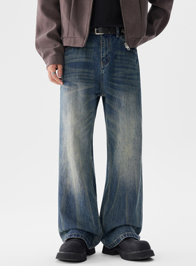 JIINOO美式水洗做旧竹节猫须cleanfit牛仔裤男女宽松直筒休闲裤