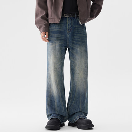 JIINOO美式水洗做旧竹节猫须cleanfit牛仔裤男女宽松直筒休闲裤