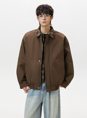 JIINOO美式复古格纹翻领拼接外套男秋季假两件情侣夹克上衣