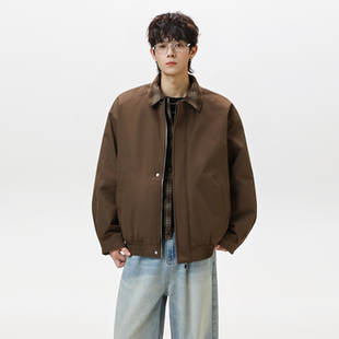 JIINOO美式 假两件情侣夹克上衣 复古格纹翻领拼接外套男秋季