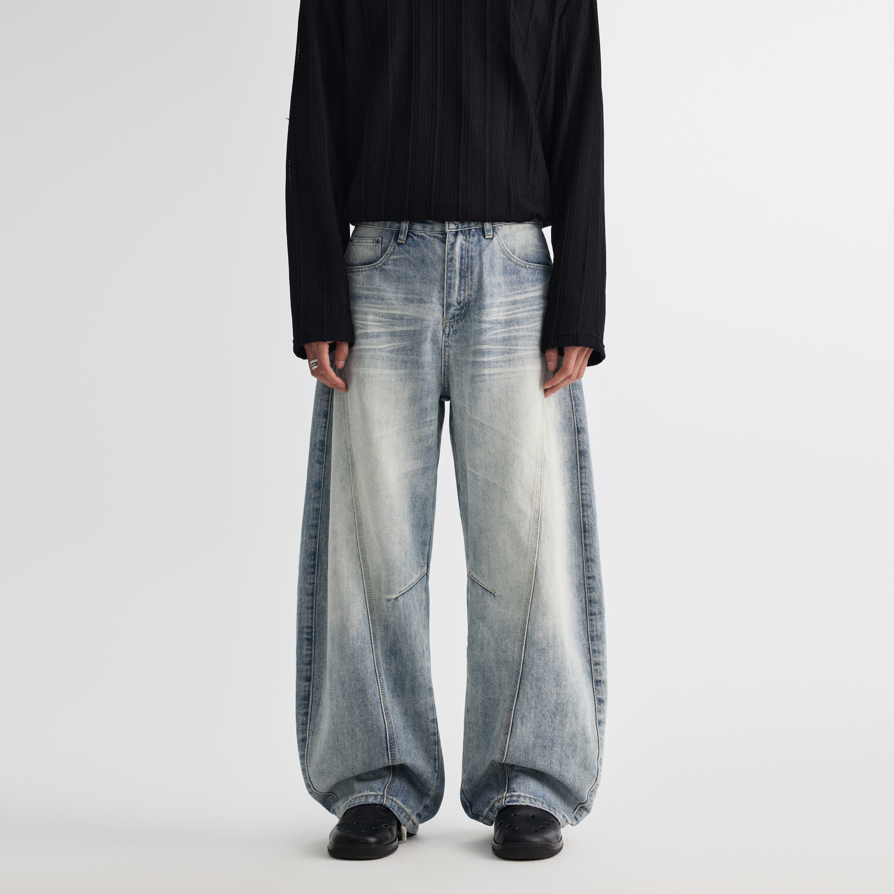 JIINOO浅蓝色弯刀牛仔裤