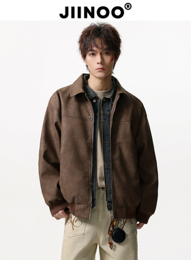 JIINOO美式复古棕色翻领皮衣外套男美拉德高级感麂皮绒情侣夹克
