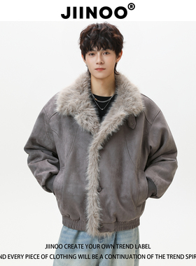 JIINOO复古座山雕毛领棉服男女宽松冬季加绒加厚仿兔绒麂皮外套
