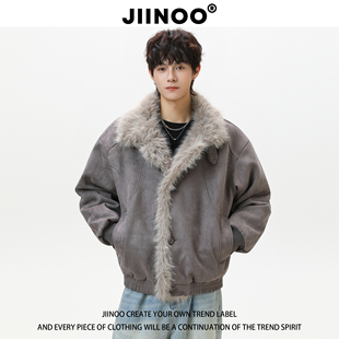 JIINOO复古座山雕毛领棉服男女宽松冬季加绒加厚仿兔绒麂皮外套