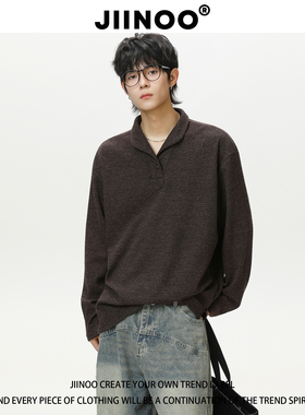 JIINOO猫眼石海鸥领长袖T恤男女polo衫复古老钱风针织衫上衣