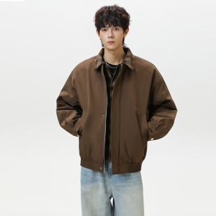 JIINOO美式 假两件情侣夹克上衣 复古格纹翻领拼接外套男秋季