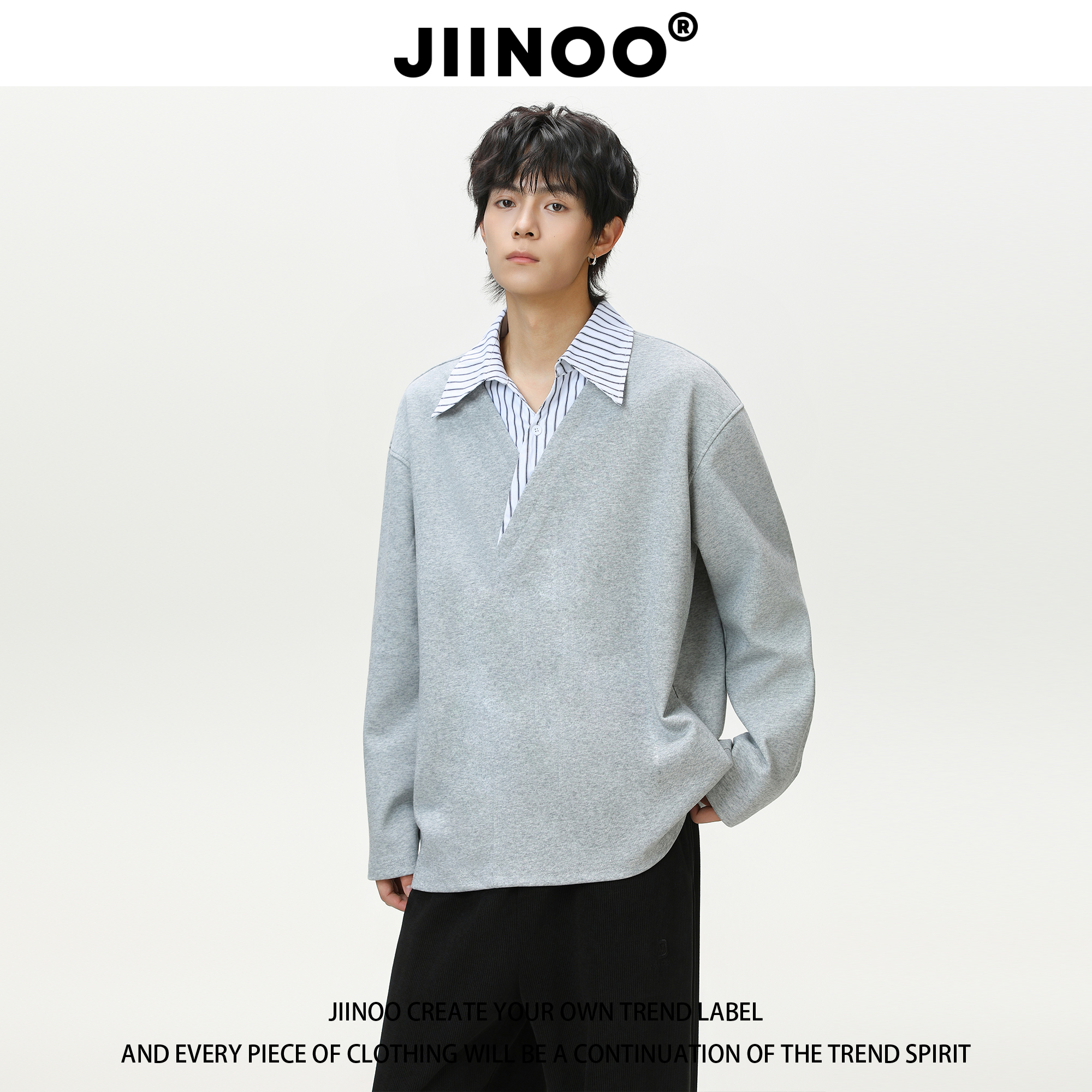 JIINOO拼接假两件短袖POLO衫