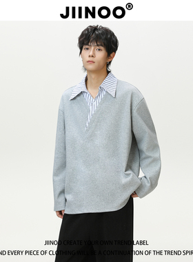 JIINOO拼接假两件短袖POLO衫男女潮牌宽松情侣休闲百搭T恤