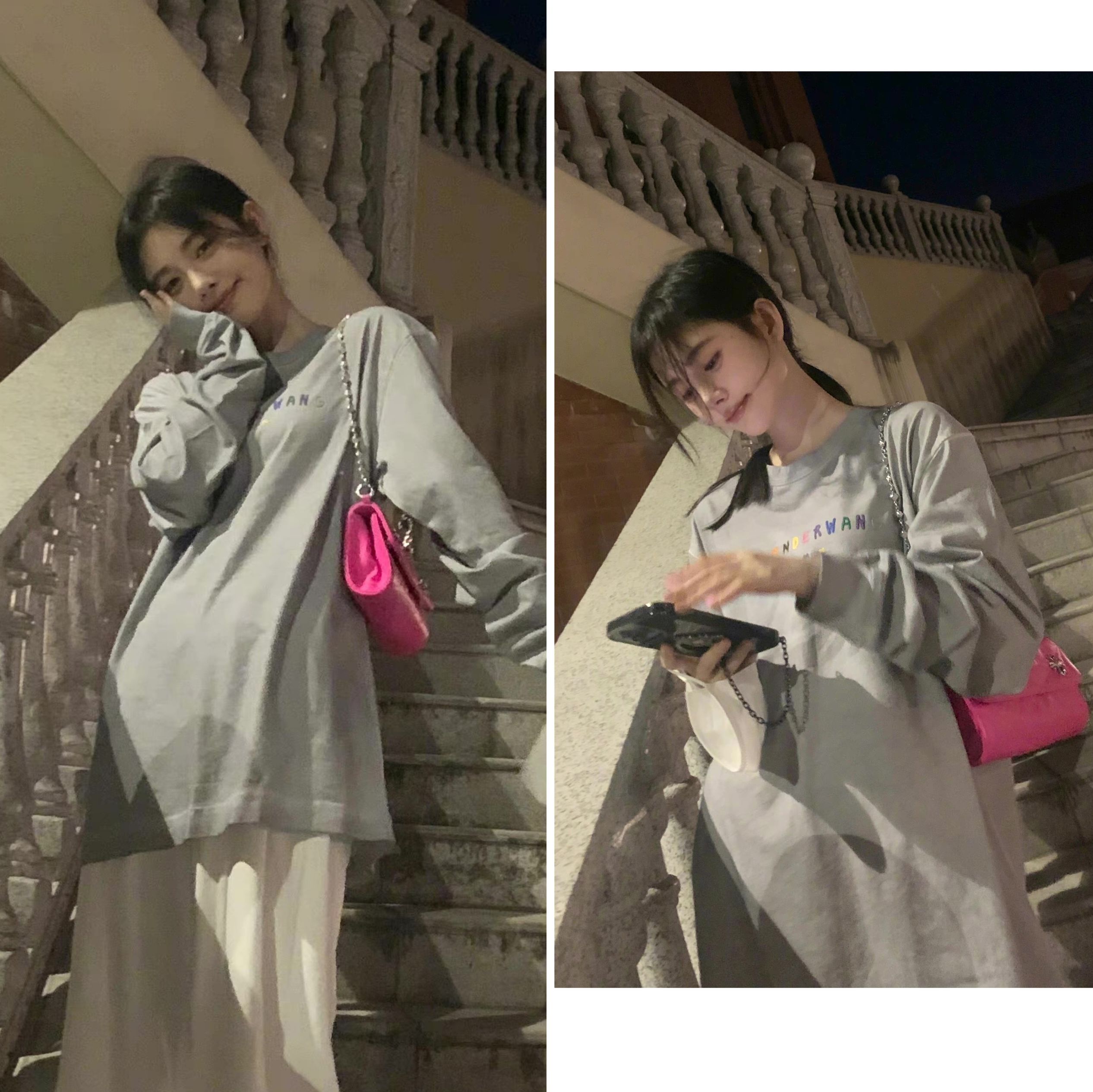 鞠婧祎明星同款2025秋季韩版灰色中长款卫衣字母印花宽松长袖T恤