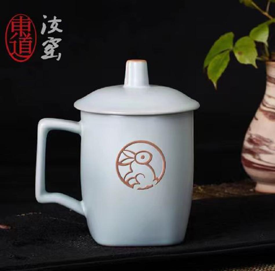 正品东道汝窑鸿兔大展杯办公茶杯马克杯绿茶杯个人杯精品礼盒装