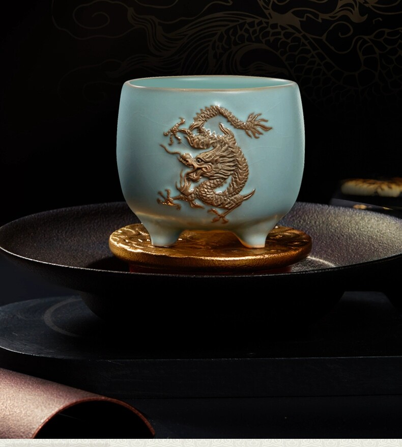新款正品东道汝窑苍龙杯腾龙杯汝雕精品主人杯开片茶杯礼盒装茶礼