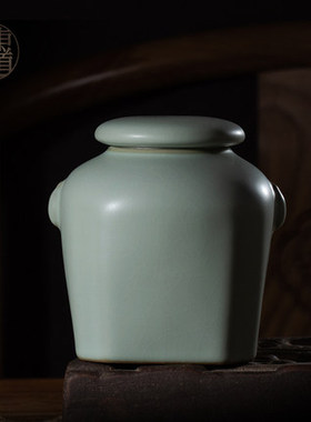 东道汝窑茶叶罐精品陶瓷东道主人系列茶具汝官窑顺耳茶叶罐收藏款