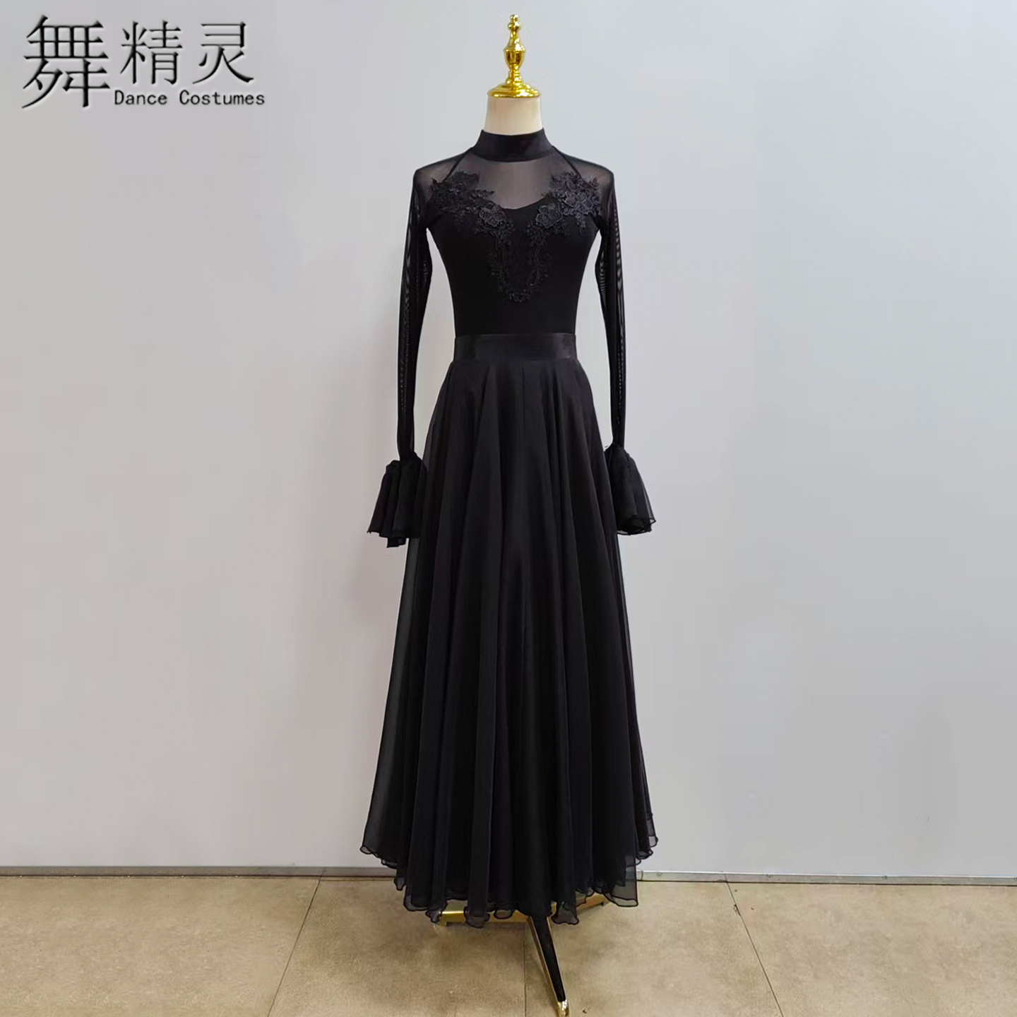 蒙古舞演出服飘逸大摆裙现代舞练习裙黑走马舞蹈服双层裙艺考黑色