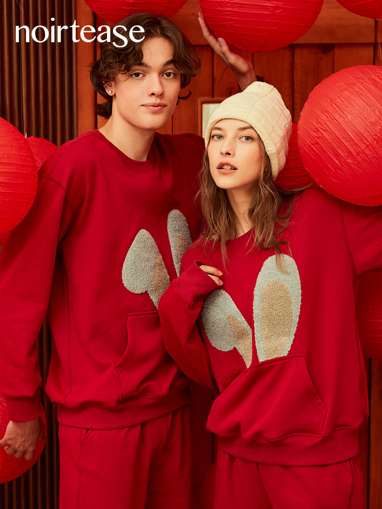 NoirTease奈黎诗秋冬棉红色睡衣男女情侣加绒加厚卫衣家居服