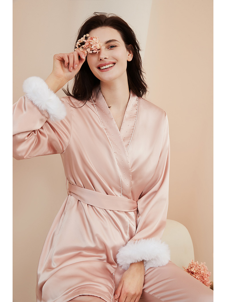 秋冬加绒加厚丝质睡衣女士保暖