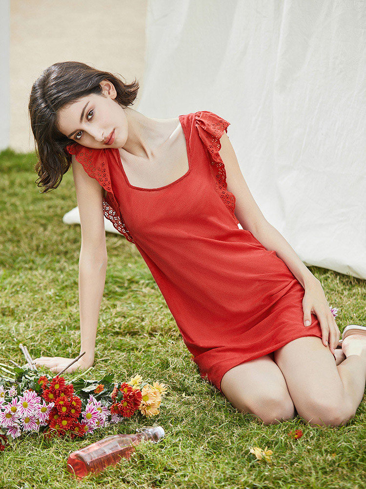 NoirTease夏季薄款天丝性感蕾丝睡裙女可外穿睡衣家居服红色