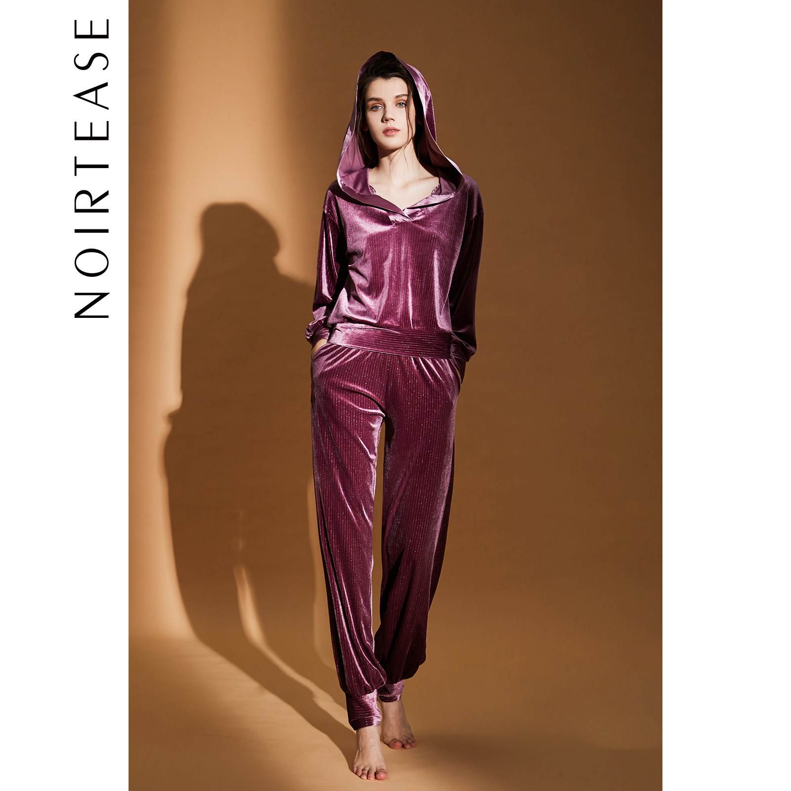 NoirTease奈黎诗春秋女士丝绒可外穿连帽长袖家居服套装秋非