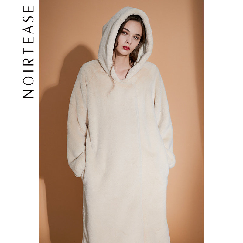 NoirTease奈黎诗秋冬加厚加绒连帽睡袍保暖绒可外穿家居服睡