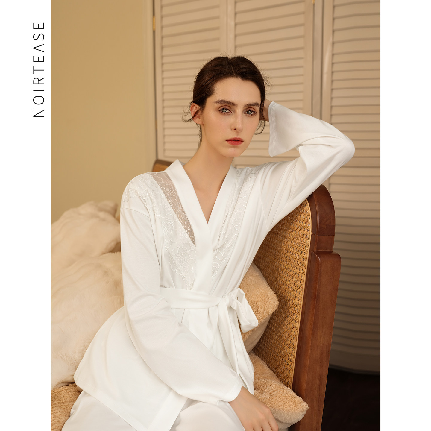 NoirTease春秋纯棉性感蕾丝睡衣女士长绒棉纯欲风睡袍家居服