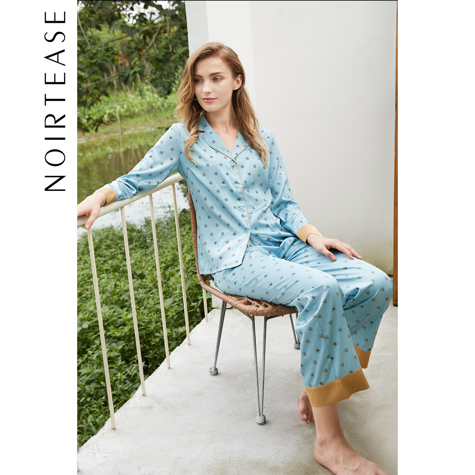 NoirTease性感丝质印花薄款女长袖家居服套装女士春秋睡衣两