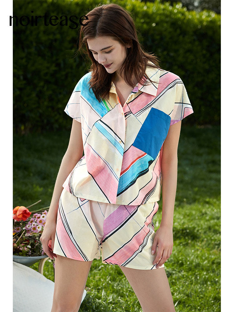 NoirTease奈黎诗夏季薄款真丝棉睡衣女士短裤短袖家居服两件
