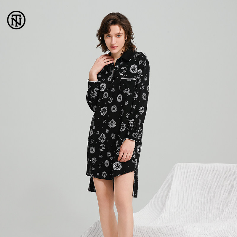 NoirTease奈黎诗春夏性感薄款纯棉衬衫式睡裙宽松睡衣家居服