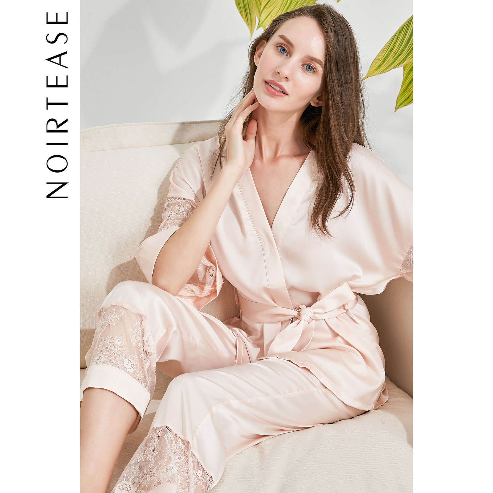 NT蕾丝水袖系带长袖大码家居服套装女士性感睡衣两件套女春夏薄款