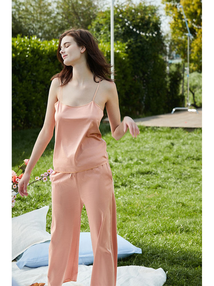 NoirTease黎诗真丝棉睡衣女舒适吊带长裤家居服两件套装可外