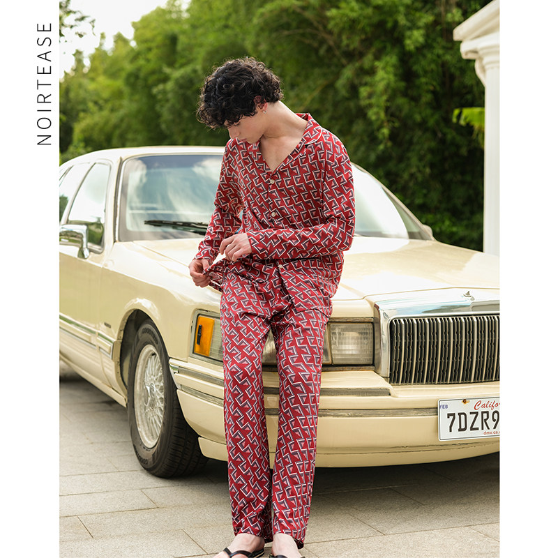 NoirTease春秋薄款棉质睡衣男复古红色英伦风长袖裤家居服本