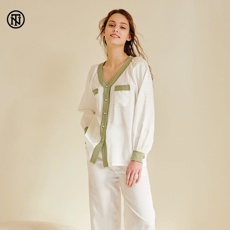 春秋纯棉V领睡衣家居服套装女
