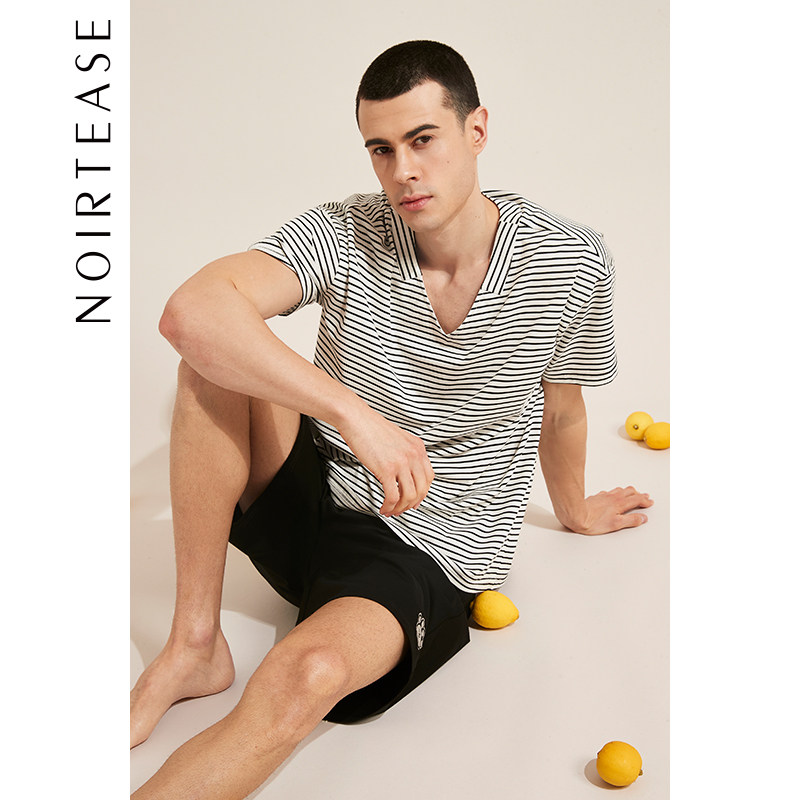 NoirTease奈黎诗男士纯棉短袖短裤条纹男士家居服睡衣两件套