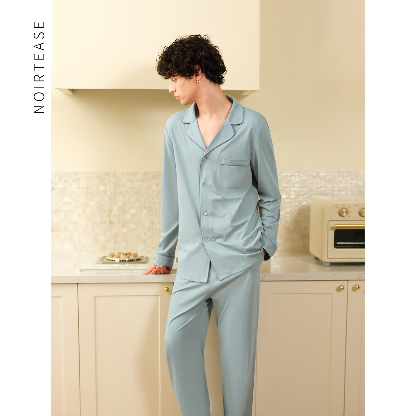 NoirTease春秋薄款索罗娜抗菌棉质简约风睡衣男士长袖长裤家