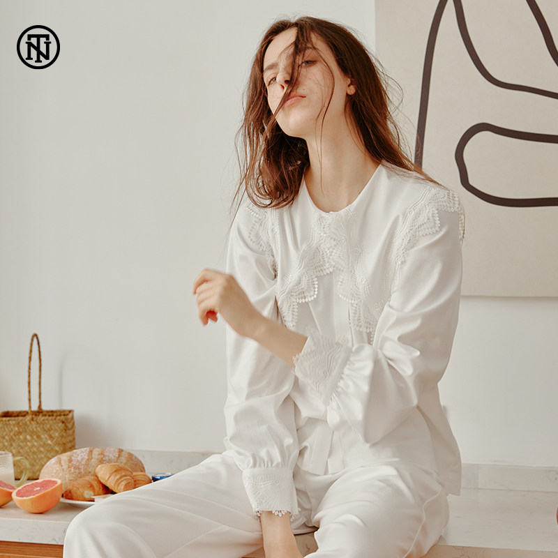 NoirTease奈黎诗春秋薄款纯棉休闲睡衣女进口蕾丝家居服两件套装
