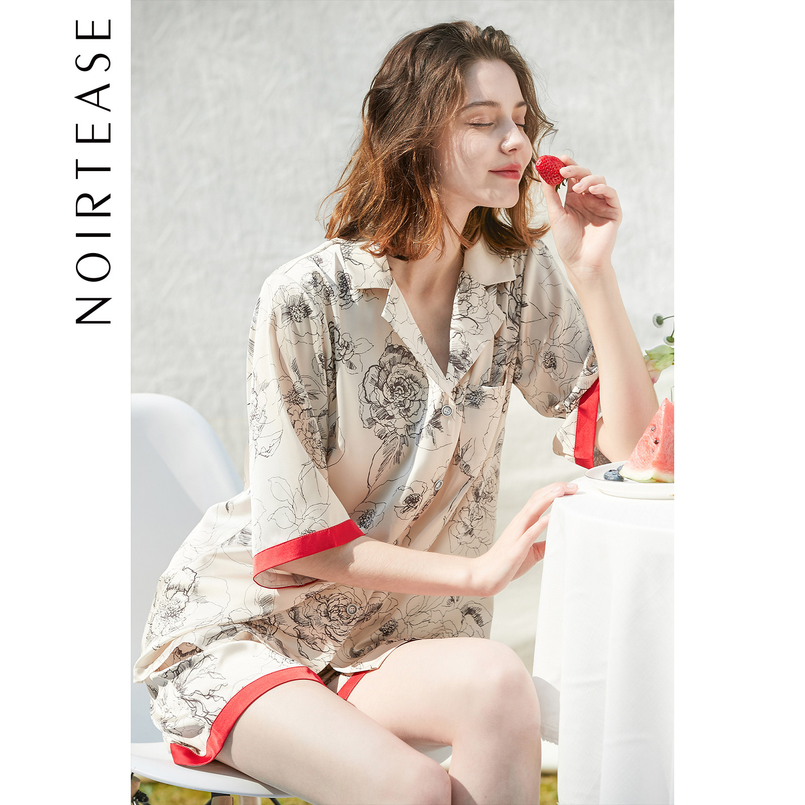 NoirTease奈黎诗性感复古印花薄款短袖家居服套装睡衣两件套