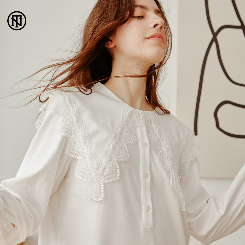 NoirTease奈黎诗春秋薄款防凸点纯棉进口蕾丝睡裙女长款睡衣