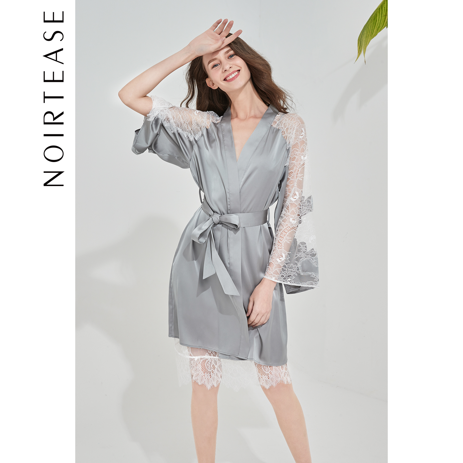 NoirTease性感透明蕾丝女士春夏薄款长款系带睡袍浴袍家居服睡衣