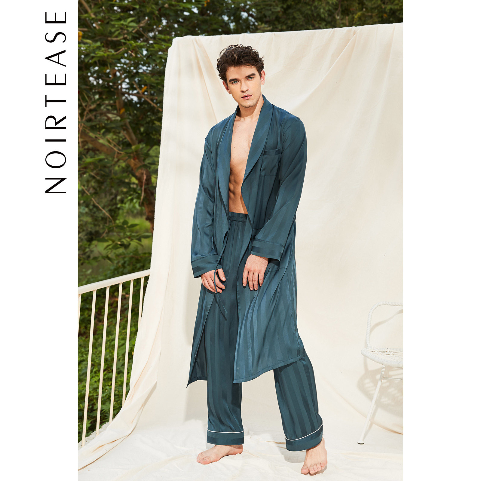 NoirTease奈黎诗男士中长款丝质系带睡袍浴袍夏季薄款家居服睡衣