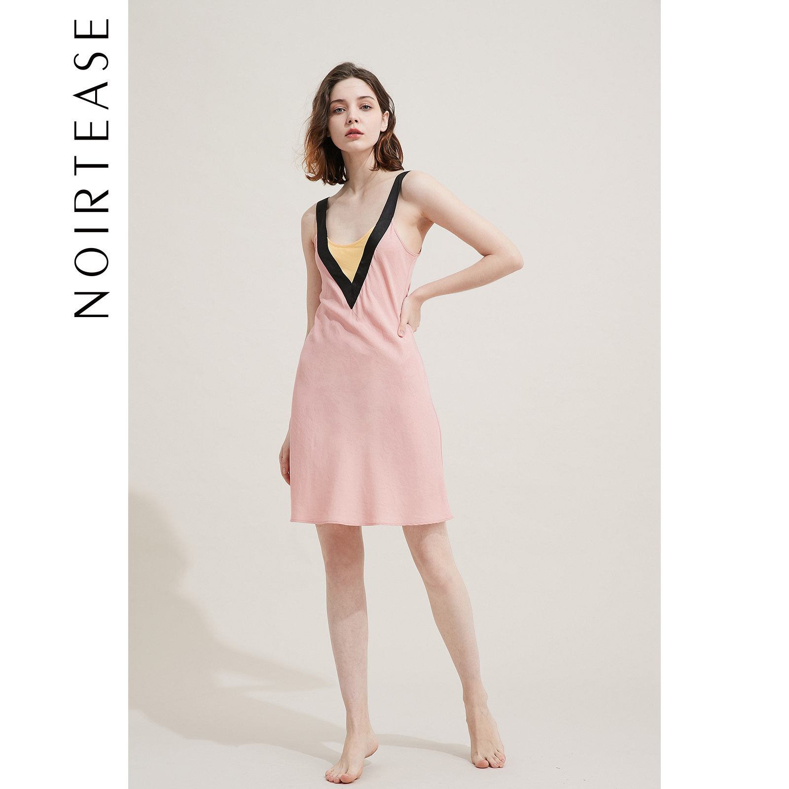 NoirTease奈黎诗夏季性感薄款V领吊带睡裙露背撞色可外穿睡
