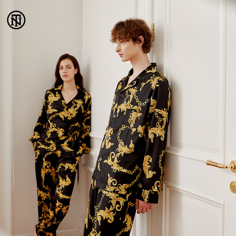 NoirTease奈黎诗春秋丝质印花睡衣情侣翻领长袖家居服两件套装,女士内衣/男士内衣/家居服,睡衣/家居服套装,淘宝优惠券,粉丝福利购,淘宝优惠卷