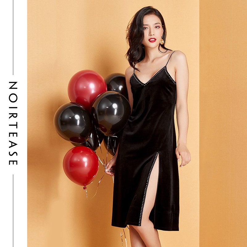 NoirTease女士性感丝绒吊带打底睡衣春秋中长款水钻蕾丝睡裙