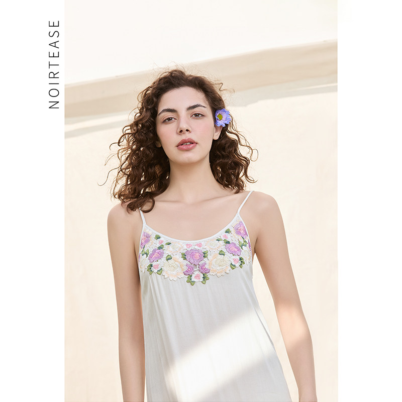 NoirTease夏季薄款性感蕾丝睡裙女士V领人棉修身中长款吊带