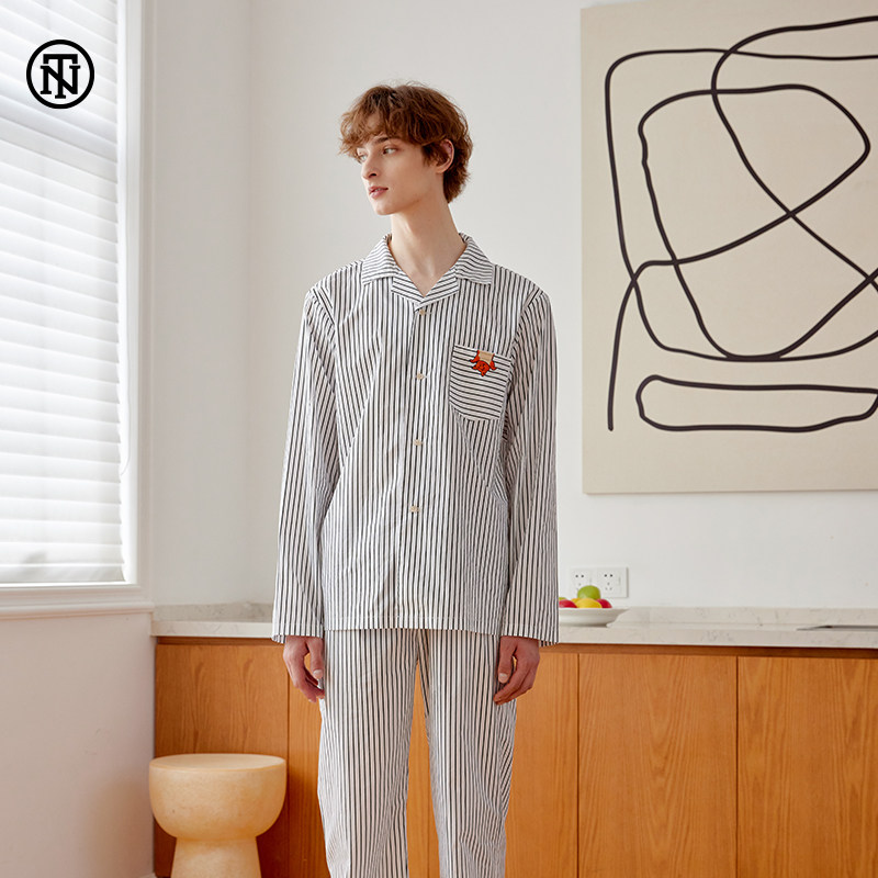 NoirTease奈黎诗春秋薄款丝质条纹睡衣男士两件套装家居服可