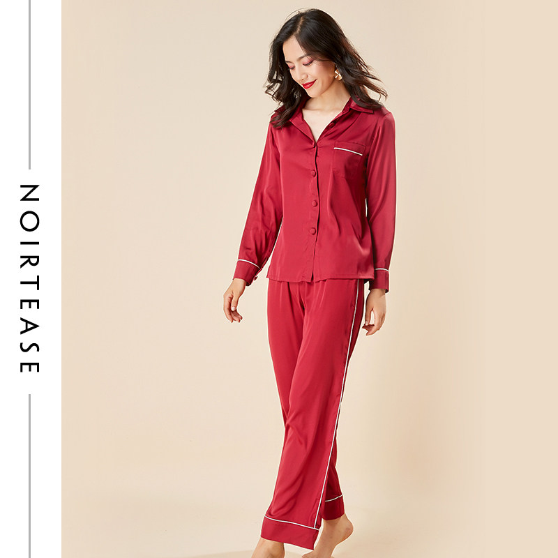 NoirTease春秋薄款性感新婚红色睡衣两件套长袖长裤家居服套